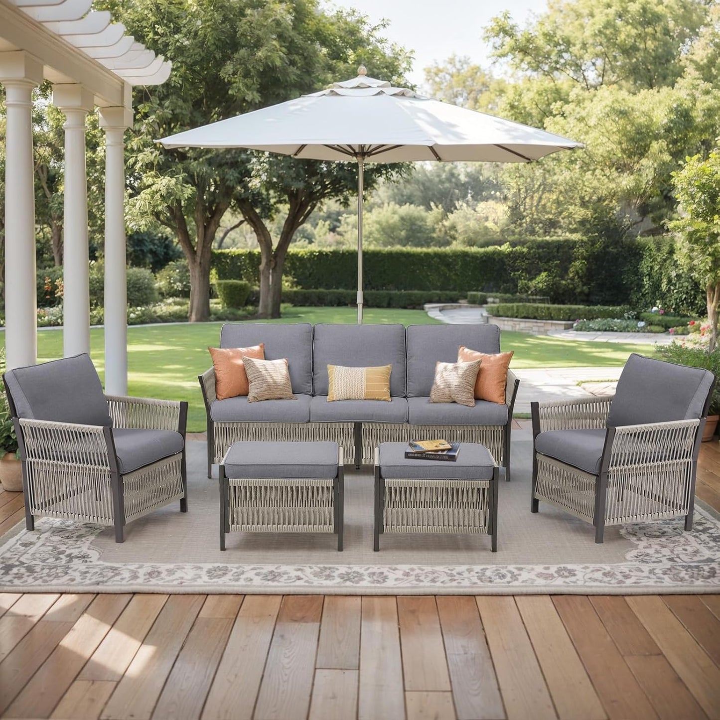 Patio Furniture Set Outdoor Conversation Sofa Set, 5-Piece All Weather PE Rattan Wicker High Back Outside Couch with Ottoman for Porch, Deck, Poolside - Dark Grey