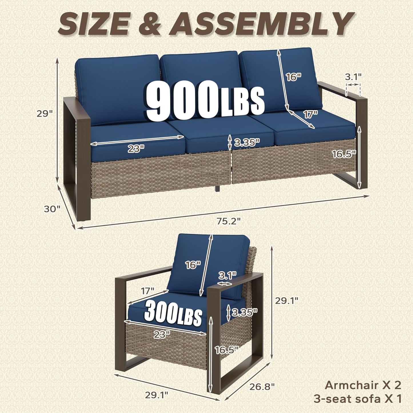 Wicker Patio 75" Sofa Set with Two Armchairs, All Weather Rattan Outdoor Conversation Furniture Set with Wood-Looking Metal Armrest & Removable Cushions for Deck Backyard Porch, Dark Blue