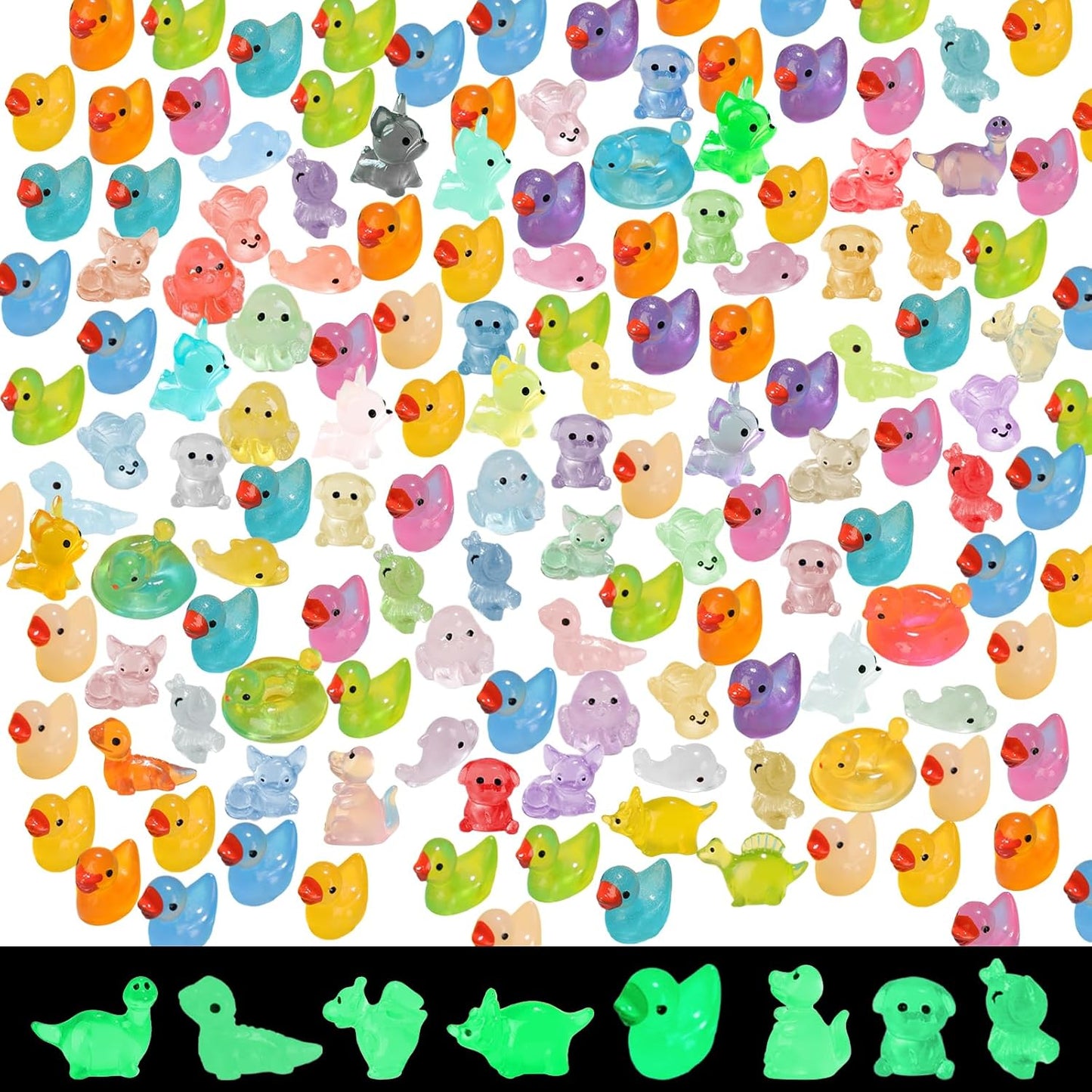 150 pcs Luminous Mini Resin Animal, Resin Ducks Figurines Glow in The Dark for Fairy Garden Accessories Miniature Figurines Aquarium Potted Decor - 11 Styles