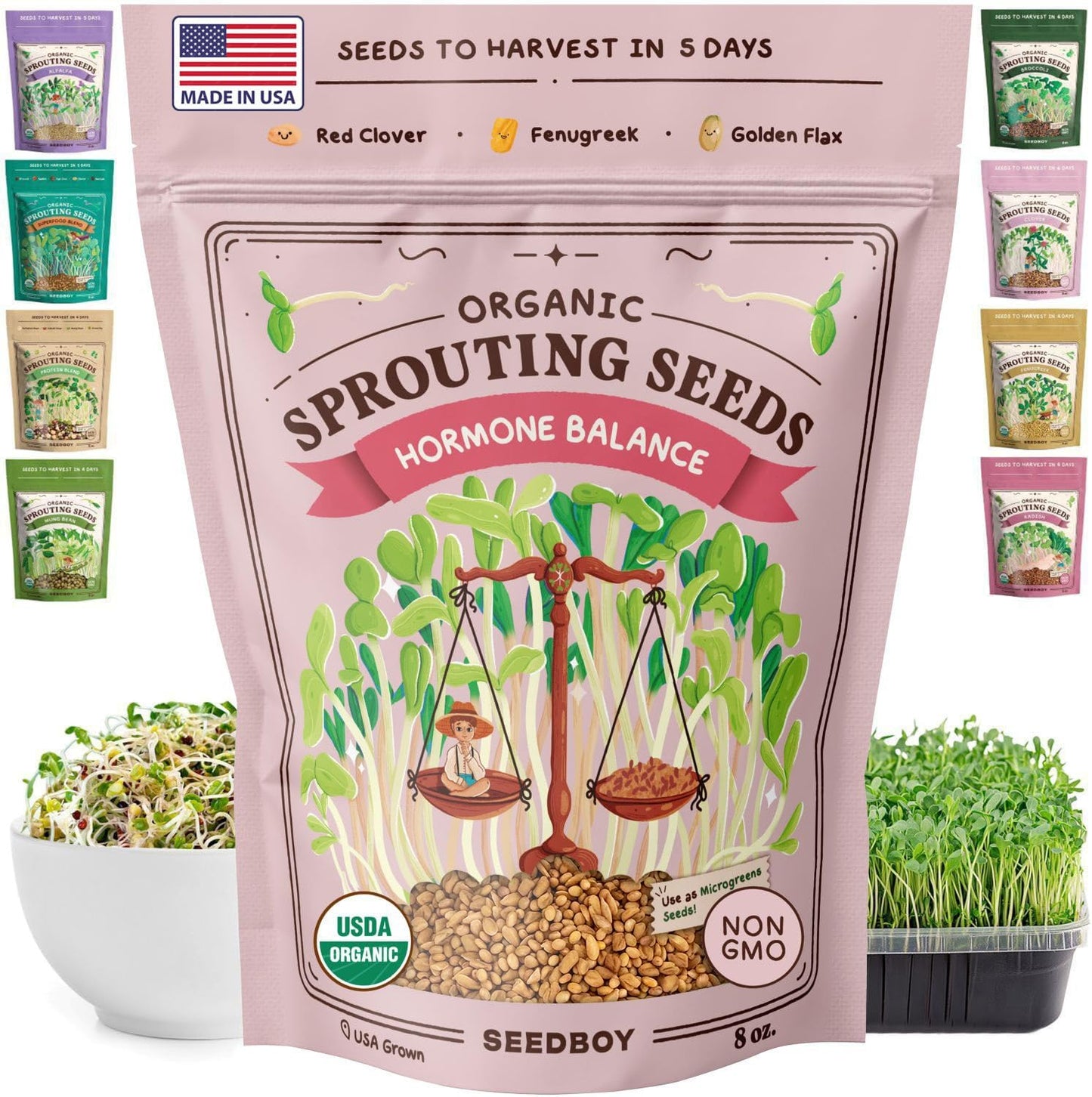 Seedboy Organic Sprouting Seeds - Hormone Balance Blend - Non-GMO USA Grown Microgreens Mix - Golden Flax, Red Clover, Fenugreek - Makes 8 Quarts of Sprouts, 24 Servings (8oz) (Hormone Balance Blend)