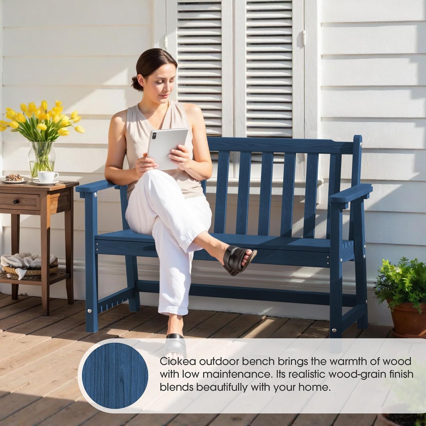 Ciokea 44" Outdoor Bench Set of 2, HDPE Weatherproof Garden Bench, 2-Person Memorial Benches with 550 Lbs, Waterproof Patio Porch Benches for Outside Business Deck Office Backyard Balcony, Navy Blue