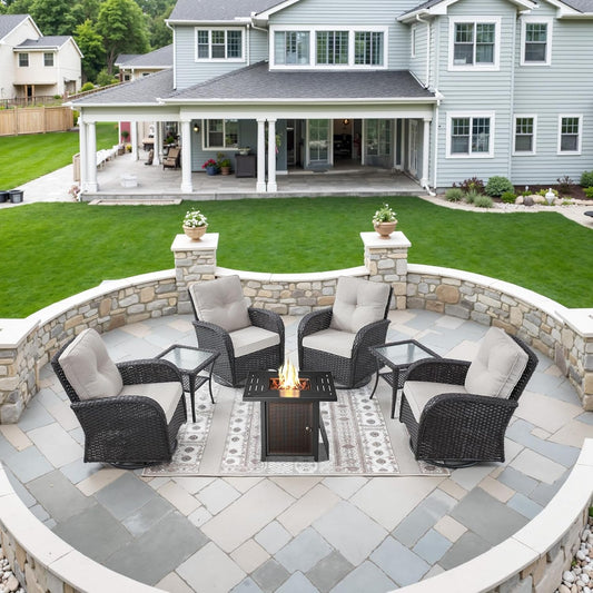 7-Piece Modern Black Wicker Patio Conversation Set - 4 Swivel Glider Chairs & 50,000 BTU Propane Fire Table