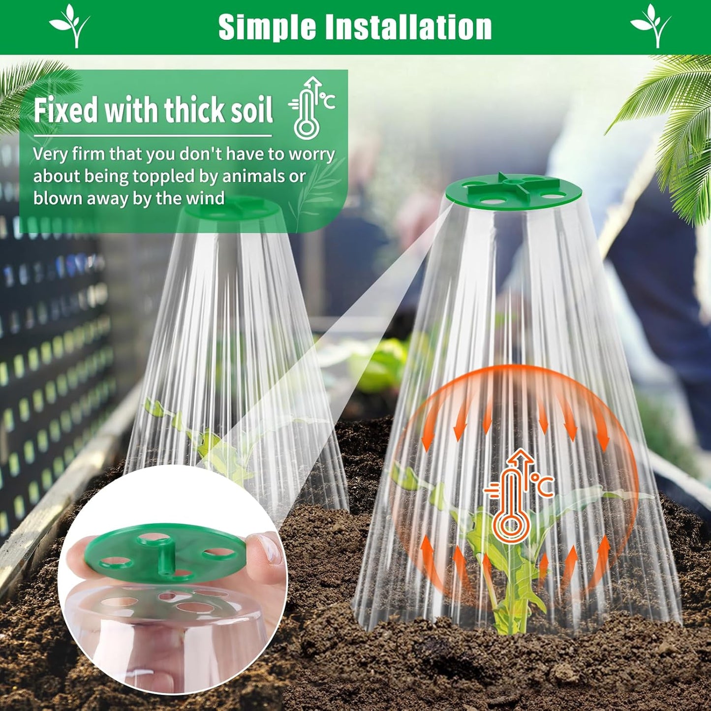 UQM 50 Pack Garden Cloches for Plants, Reusable Bell Plant Protector with Rotary Vent Cover, Garden Protection from Animals Snails Birds Chickens Insect, 9.44" H X 8.07" D (Clear)