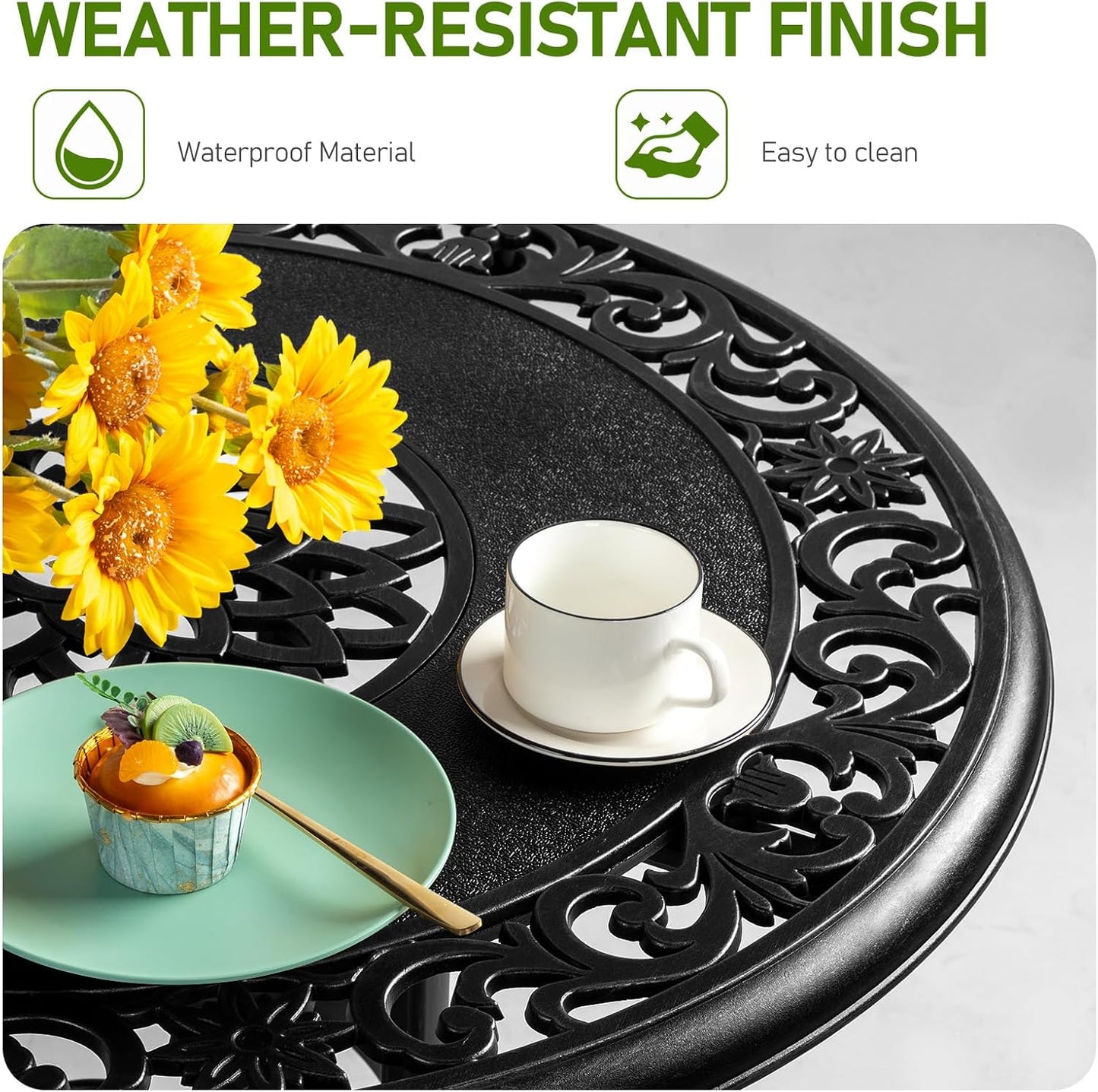 Outvita Outdoor Dining Table, Cast Aluminum Round Patio Bistro Table with Umbrella Hole Weather Resistant Aluminum for Balcony Poolside Garden Lawn