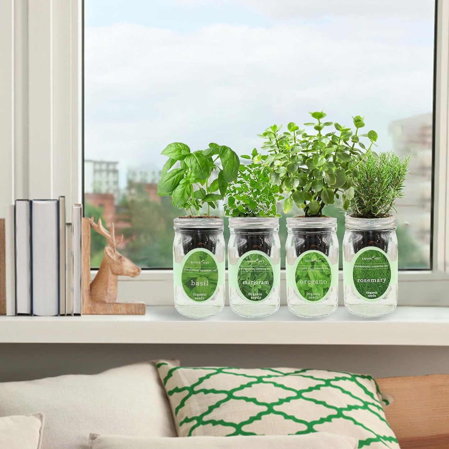 Hydroponic Mason Jar Indoor Garden Organic Seed Starter Kits - Italian Herb Blend Growing Kits, Windowsill Herb Garden, Gardening Gift (Basil, Marjoram, Oregano, Rosemary)