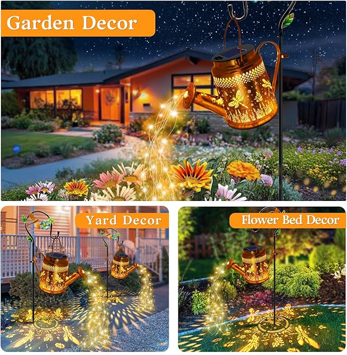Solar Lights Outdoor Garden Decor, Dragonfly Hanging Watering Can Landscape Lights Waterproof Yard Decorations for Outside Porch Patio Backyard, Gardening Gift for Mom Grandma Women Birthday
