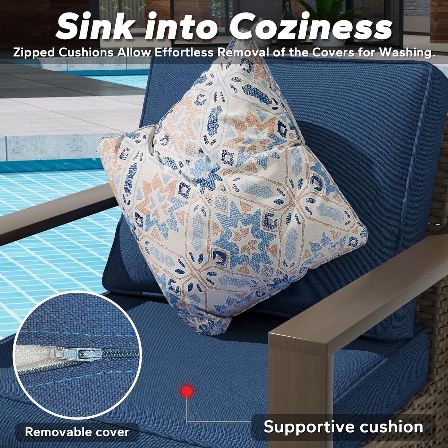 Patio Metal Wicker Chairs Set of 2, All Weather Outdoor Rattan Dining Chairs with Rectangular Framed Wood-Looking Armrest & Fade-Resistant Cushions for Deck Balcony Backyard, Dark Blue