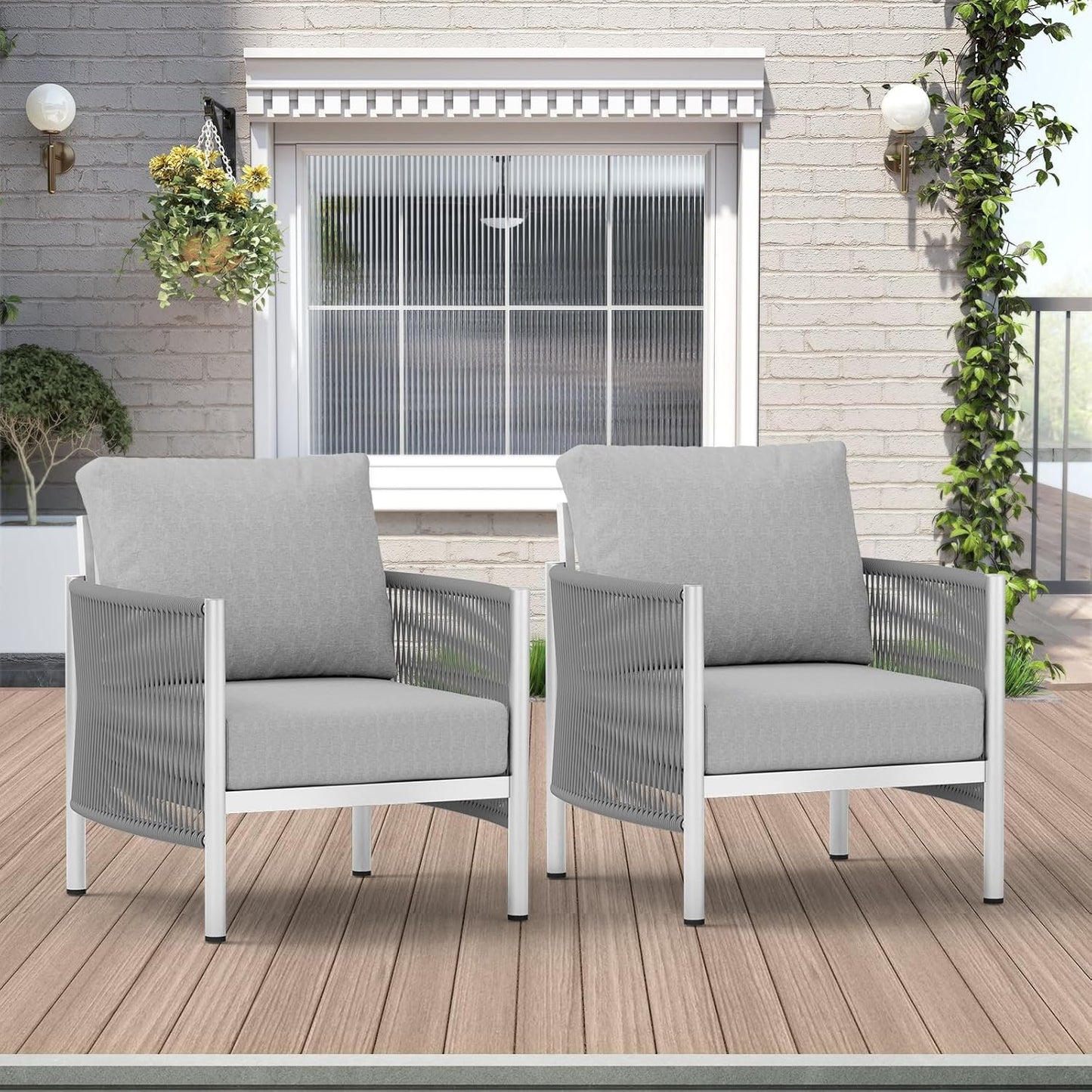 Aluminum Outdoor Sofa Armchair, HDPE Rope Patio Couch with Washable Thick Cushion, All-Weather Outdoor Patio Chairs Set of 2 for Balcony, Yard, Silver Frame, Silver