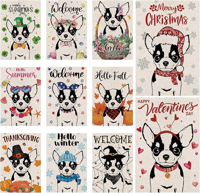 Seasonal Garden Flags Chihuahua Double Sided Flags Set of 11 Holiday Farmhouse Indoor Outdoor Yard Lawn Christmas Gifts Decorations 12.5x18 Inch