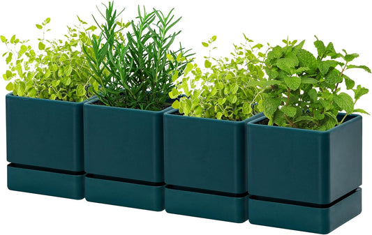4 Inch Herb Planter Pot, Plastic Planter with Drainage Holes and Saucer, Modern Decorative Gardening Pot for Indoor Plants, Flowers, Herbs, Succulents, Green, Set of 4, 76-Y-C-4