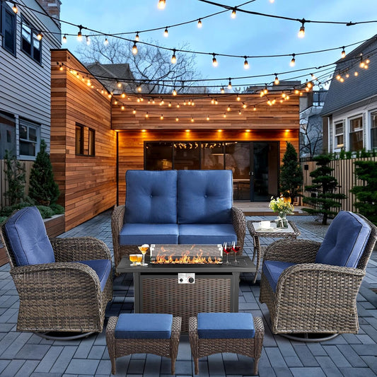 HUMMUH 7-Piece Patio Furniture Set with Fire Pit,Wicker Patio Glider Loveseat Outdoor Swivel Rocker Chairs with Ottomans for Backyard,Poolside,Deck