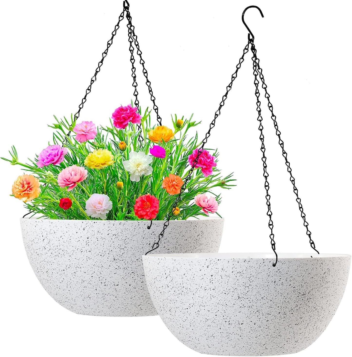 WOUSIWER 13 inch 2Pack Large Hanging Planters for Outdoor Indoor Plants with Drainage Holes and Chain, Round Hanging Flower Pots for Garden Home Porch Decor, White Speckles