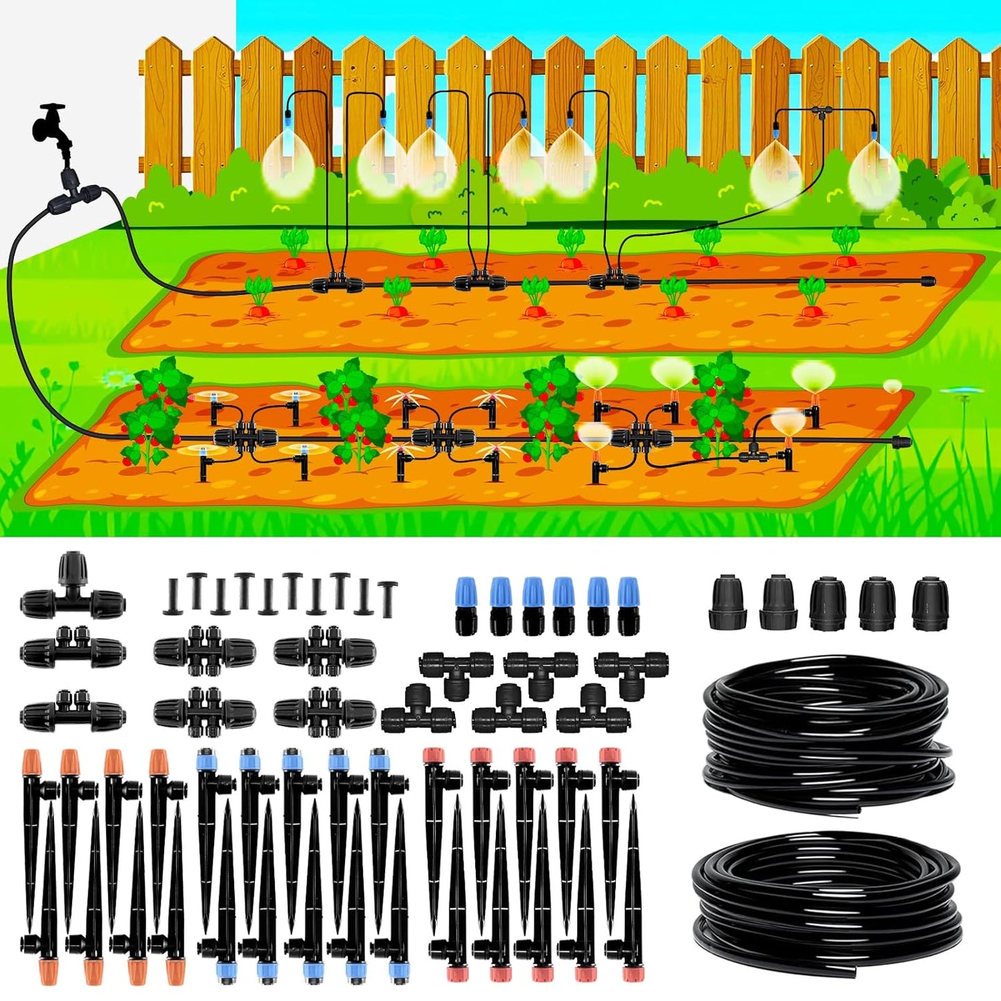 240FT Drip Irrigation System, 2025 Upgraded Quick Connector Irrigation System for Garden, Adjustable Nozzles, Garden Watering System with 1/4" & 1/2" Tubing, Sprinklers for Garden, Greenhouse, Lawn