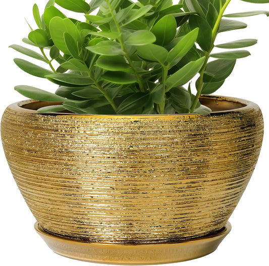 Ceramic Planter 11 Inch - Indoor Plant Pot with Drainage Hole and Saucer Large Planter for Outdoor Plants Mid-Century Decorative Flower Pot for Home Decor Gold