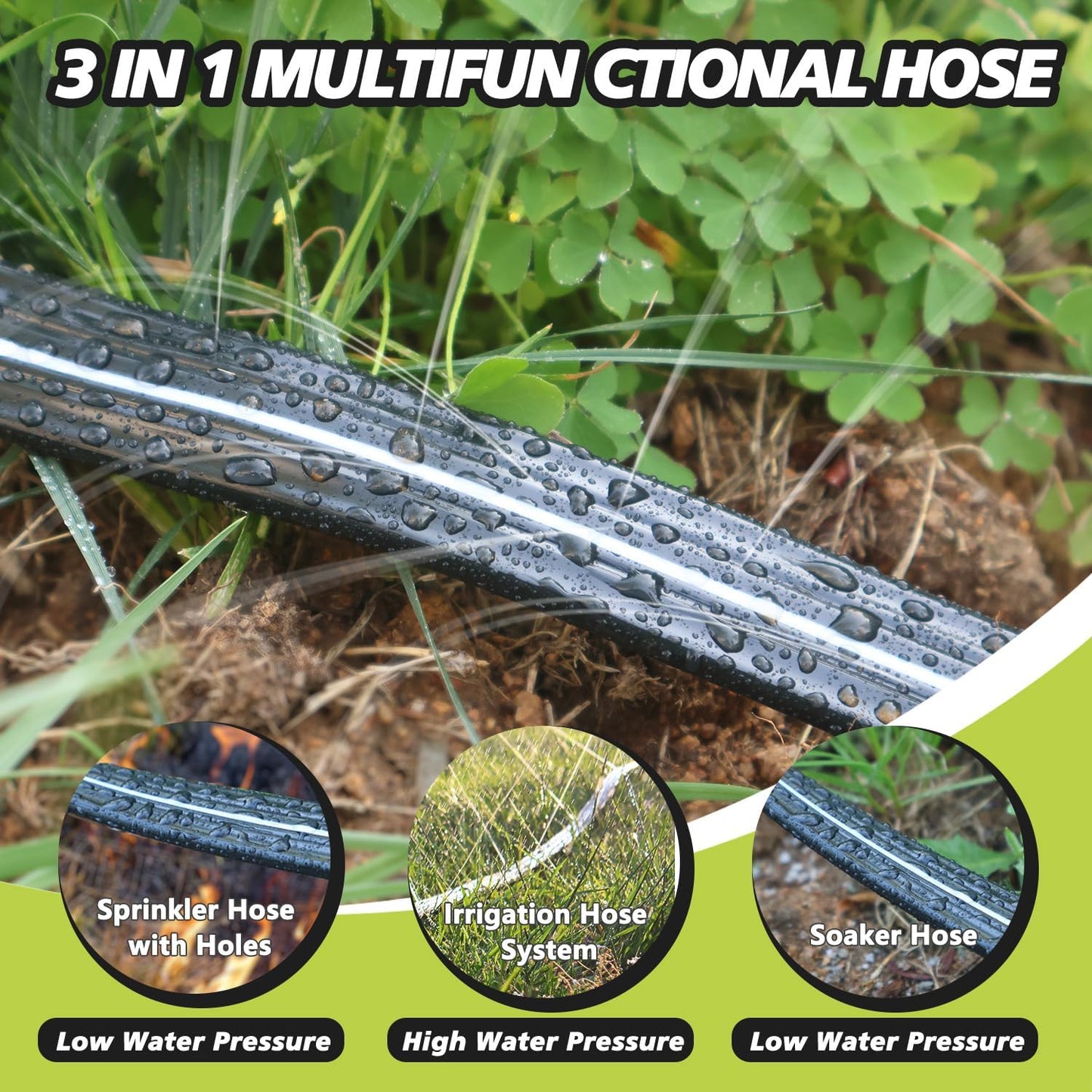 2-Pack Sprinkler Hose with Holes 15 Ft, Flat Soaker Hose 30 ft with Garden Staples, Drip Irrigation Hoses for Lawn, Watering Hose System (Black, 30 ft(15ftx2pack))