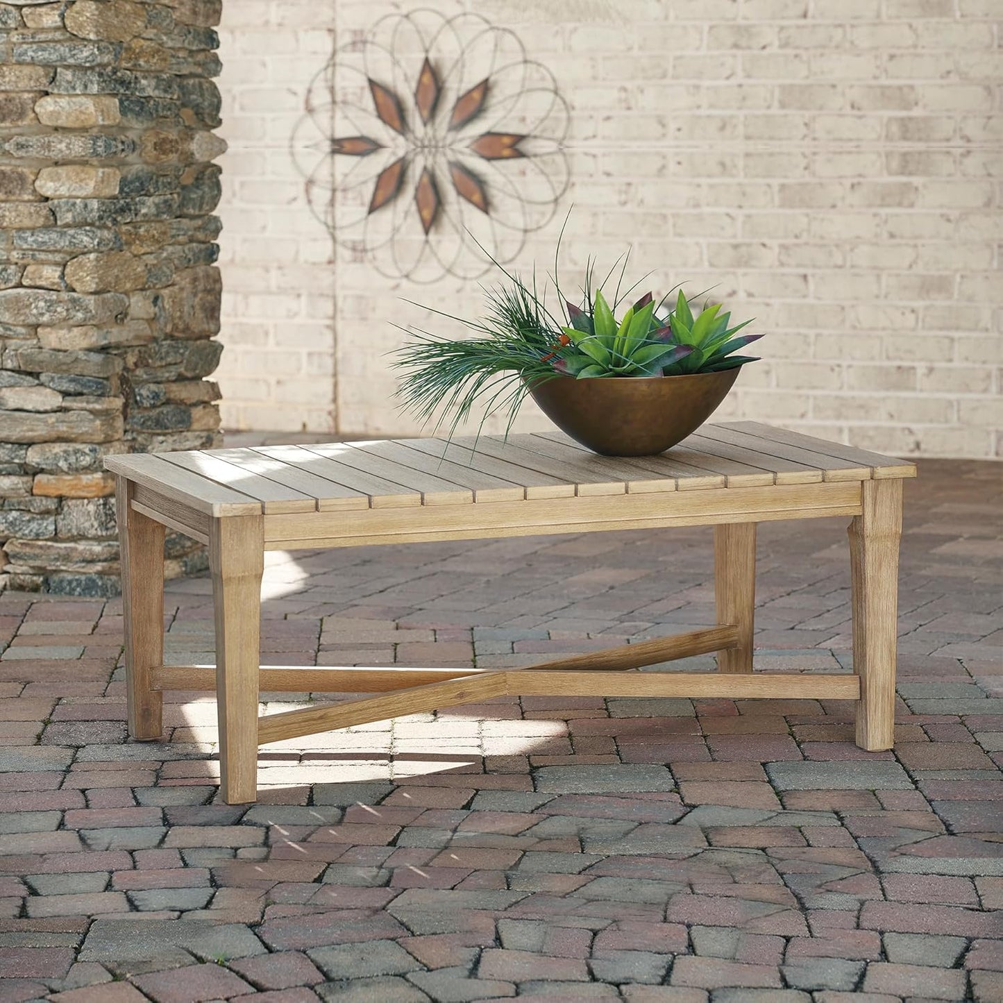 Signature Design by Ashley Outdoor Eucalyptus Carter Hall Patio Coffee Table, Beige