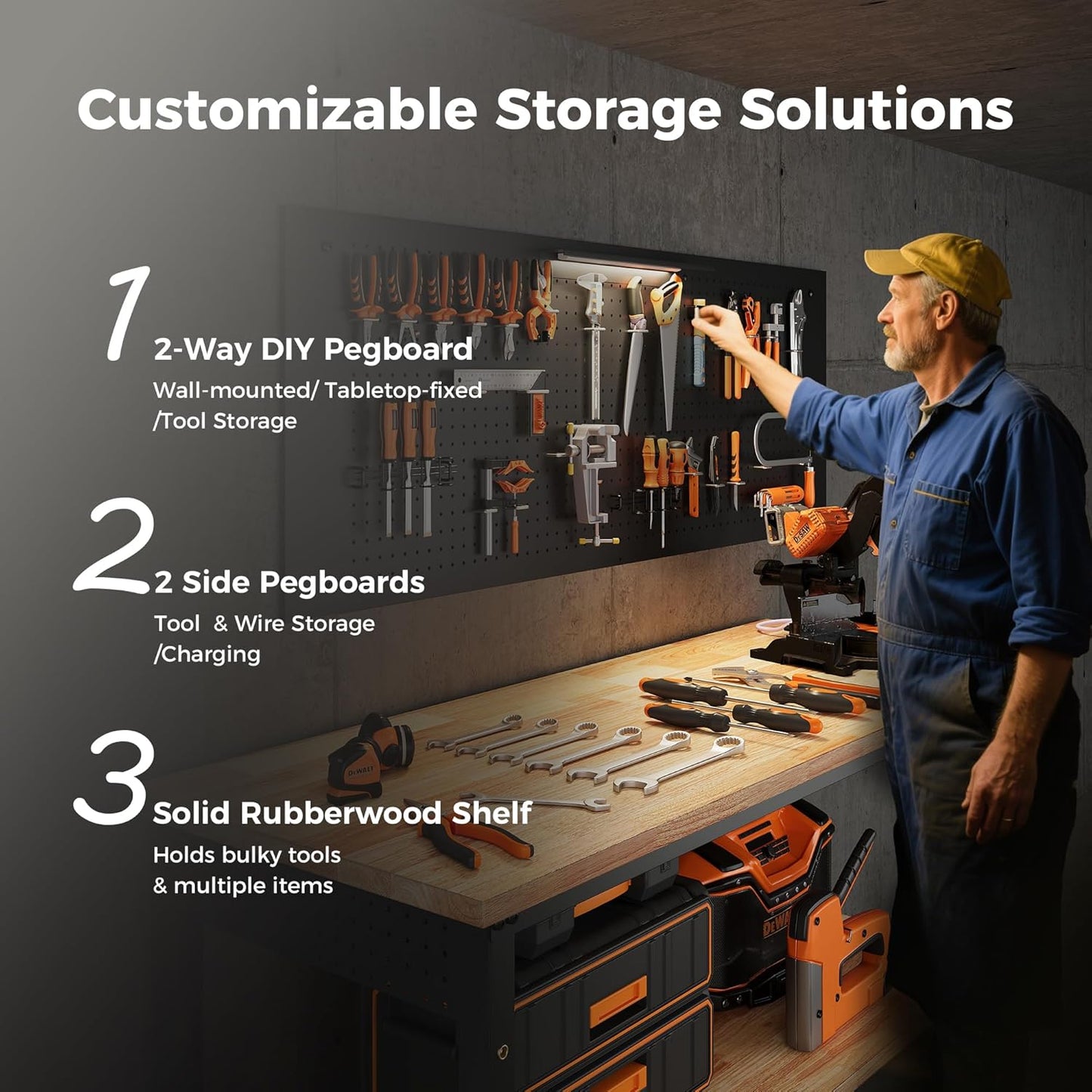 60" Work Bench Adjustable Height with Storage Shelf, Max Load 2000 LBS Heavy Duty Rubberwood Tabletop with Pegboard, LED Light, Built-in Power Strip for Woodworking Shop, Garage, Home