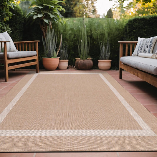 Bordered Outdoor Rug 5x7 Washable Outside Carpet for Indoor Patio Porch Waterproof Easy Cleaning Non Shedding Area Rugs Beige 5 x 7