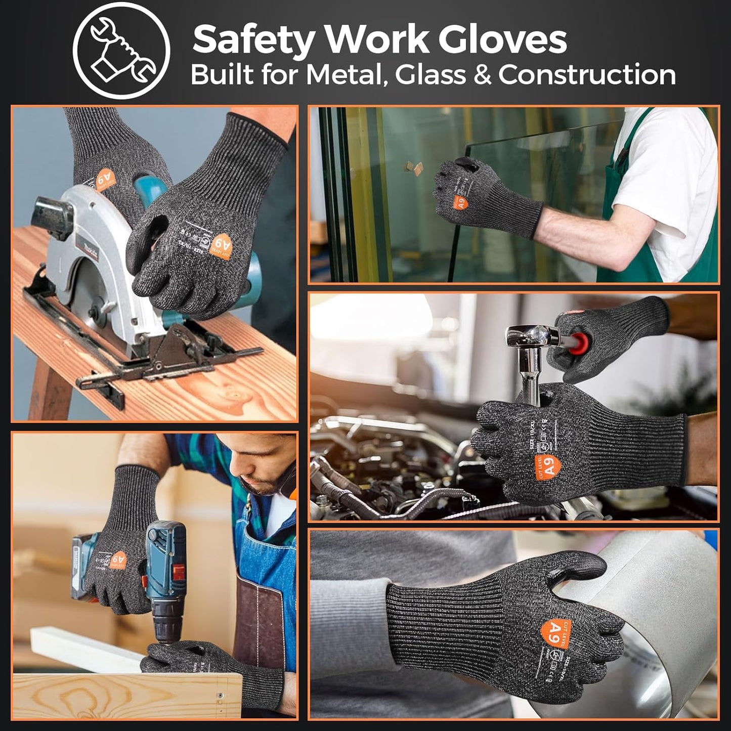 Donfri A9 Cut Resistant Work Gloves for Men - Steel + HPPE Hybrid Safety Gloves for Men, ANSI Cut Level 9 Protection Flexible for Metal Glass Wood Construction Fishing