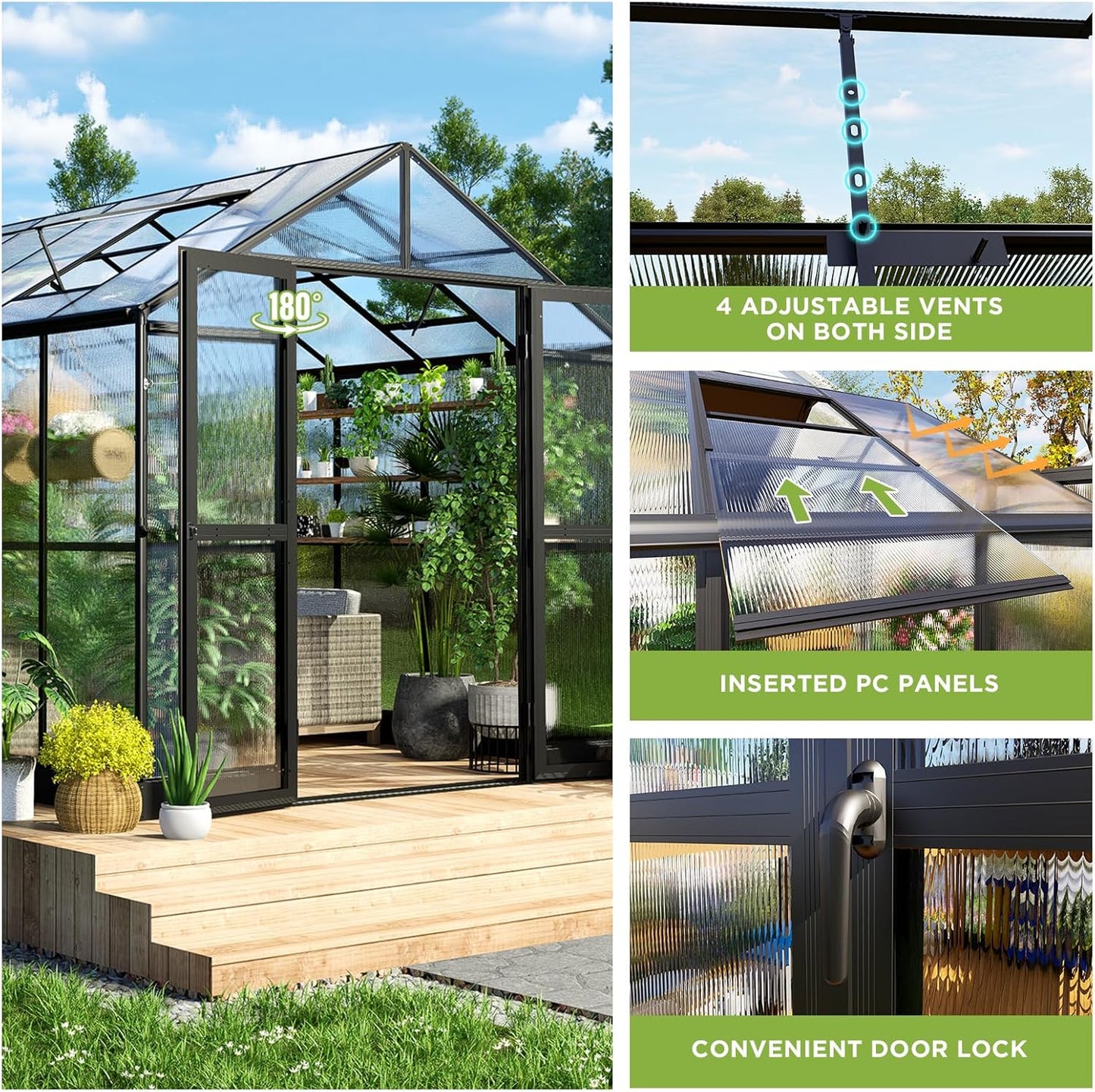 HOWE 8x12x7.5 FT Polycarbonate Greenhouse Double Swing Doors 4 Vents 5.2FT Added Wall Height, Walk-in Large Aluminum Greenhouse Sunroom Winter Greenhouse for Outdoors, Black