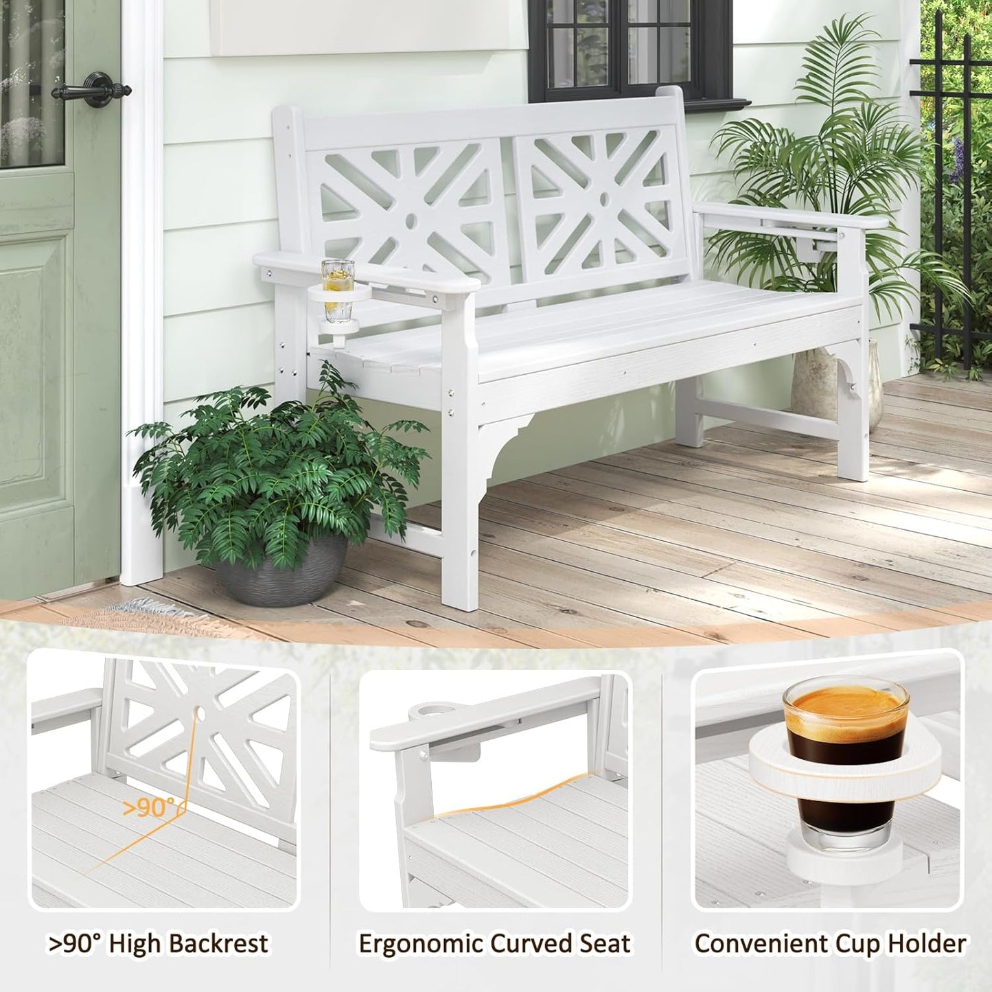 nalone Outdoor Bench with Cup Holders, HDPE All Weather Porch Bench Load up to 800 Lbs, 2-Person Garden Benches Rot-Proof Fade Proof for Patio, Porch, and Park (White)