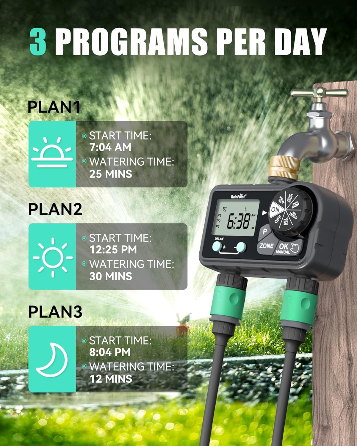 RAINPOINT Brass Sprinkler Timer 2 Stations, Large Digital Water Timer for Garden Hose with 6 Programmable Procedure, with Delay/Manual/Auto Irrigation Mode for Week/Specific/Daily Watering