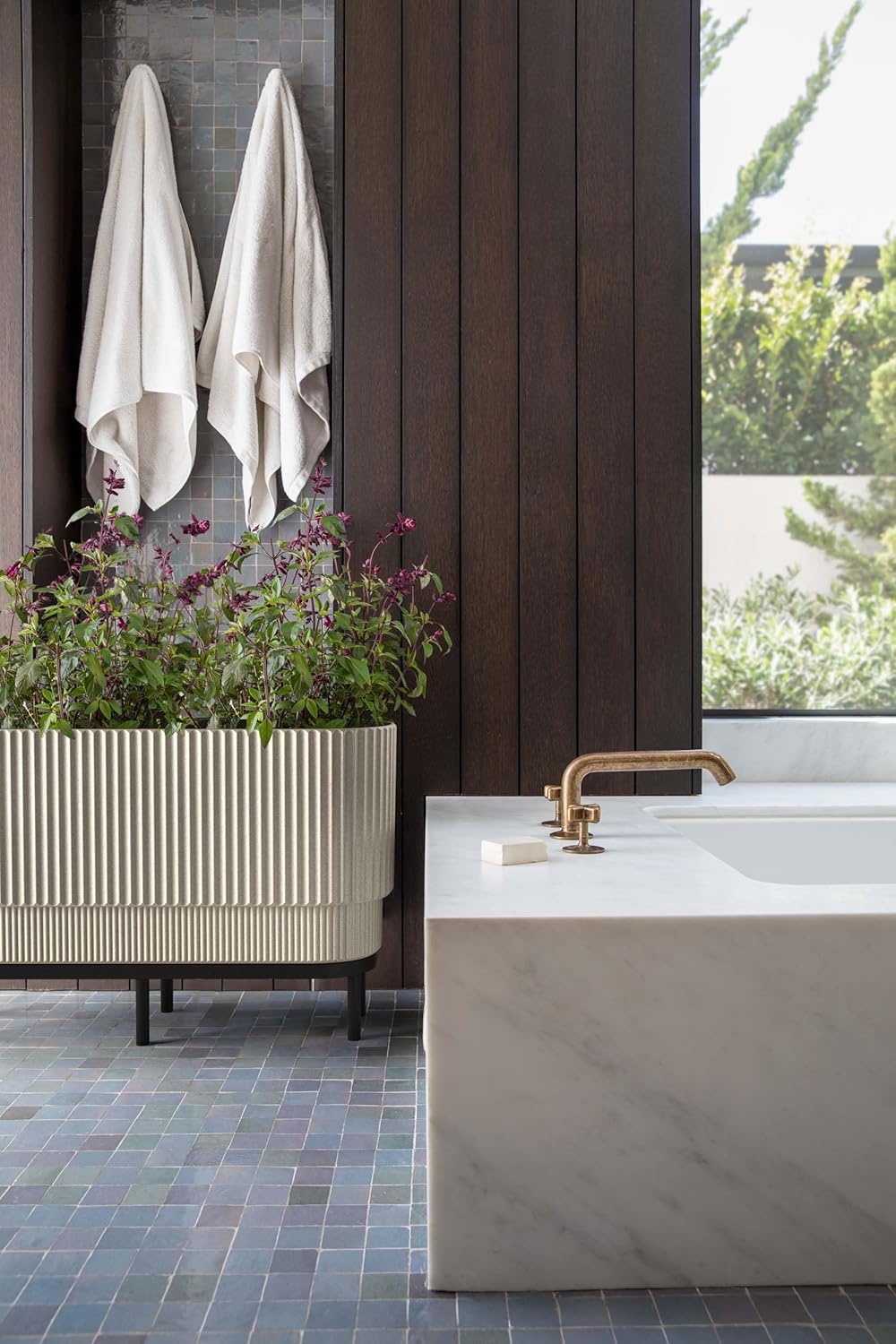 Veradek Demi Series Raised Long Planter for Indoor/Outdoor Use | Made from Plastic & Stone w/Wooden Stand | Modern Patio Décor for Flowers/Shrubs