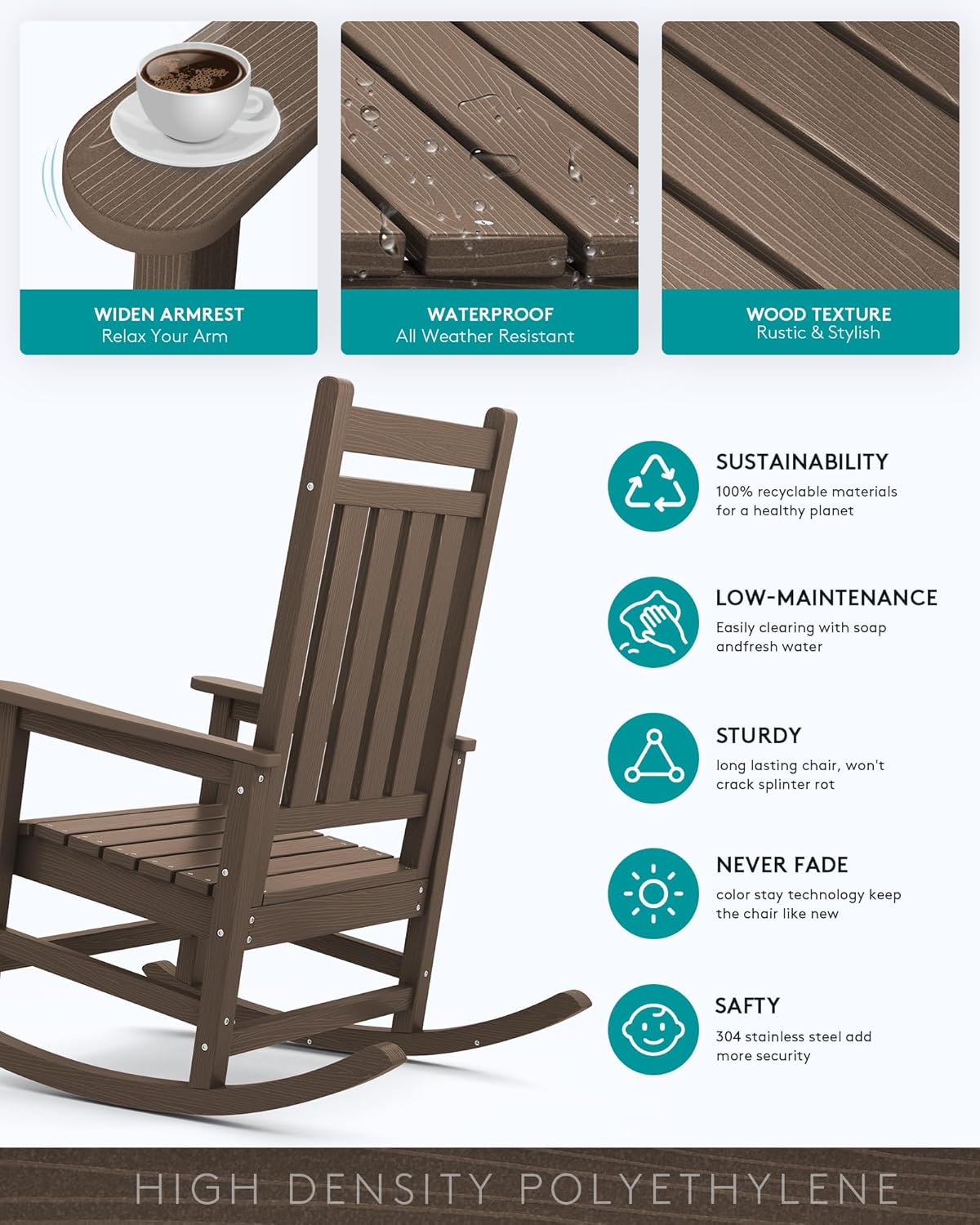 SERWALL Outdoor Rocking Chair Set of 2, HDPE Rocking Chairs for Adult, All Weather Porch Rockers for Lawn Garden, Coffee
