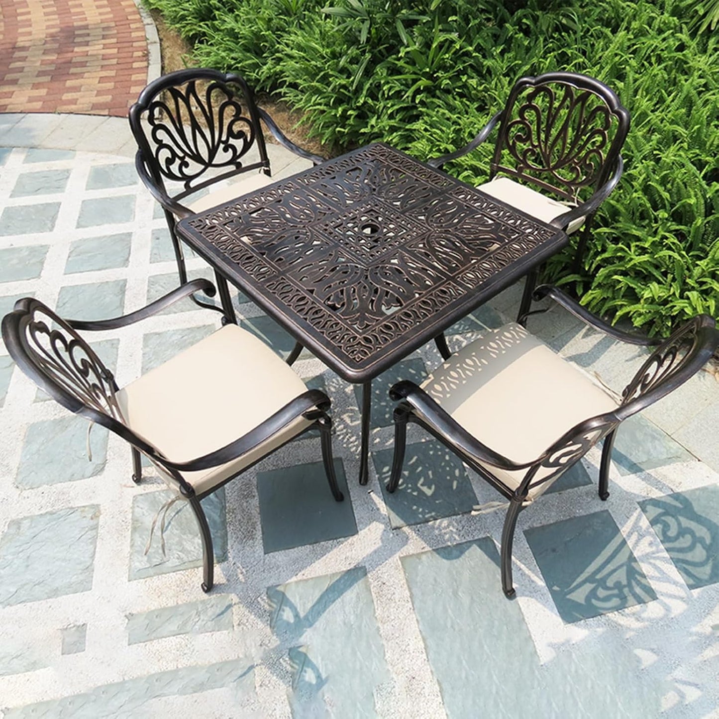 Outdoor Table Cast Aluminum Square Patio Table with Umbrella Hole All Weather Outdoor Dining Tables for Lawn Garden Backyard (90 * 90cm YLSB Square Tables)