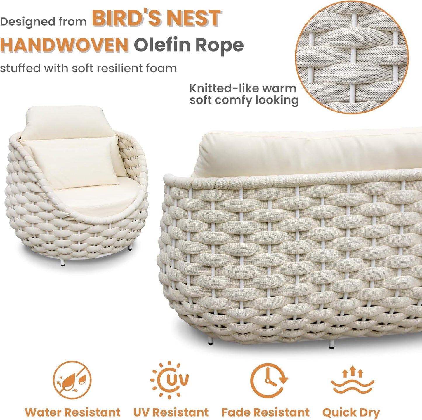 Woven Rope Outdoor Sofa Set: 5 Pieces Aluminum Patio Conversation Set Assembled - All Weather Cushioned Porch Furniture Couch - Modern Metal Lounge Set for Deck Yard Resort Hotel Sunroom, Beige