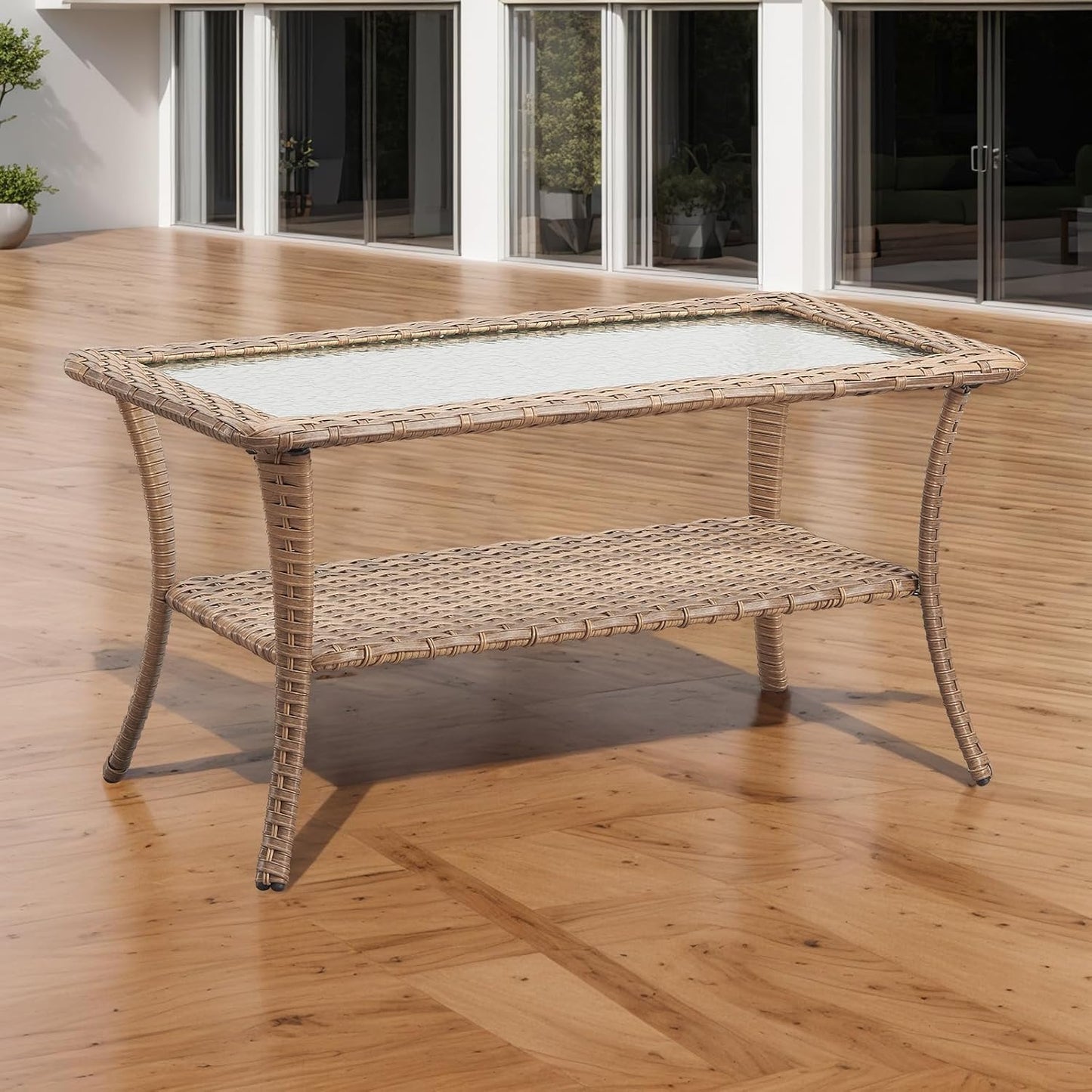 Patio Tables Outdoor Coffee Table - Wicker Rattan Coffee Tables with 2-Tier Storage Shelf Glass Top for Outside Proch Deck Balcony Garden Rectangle Yellow