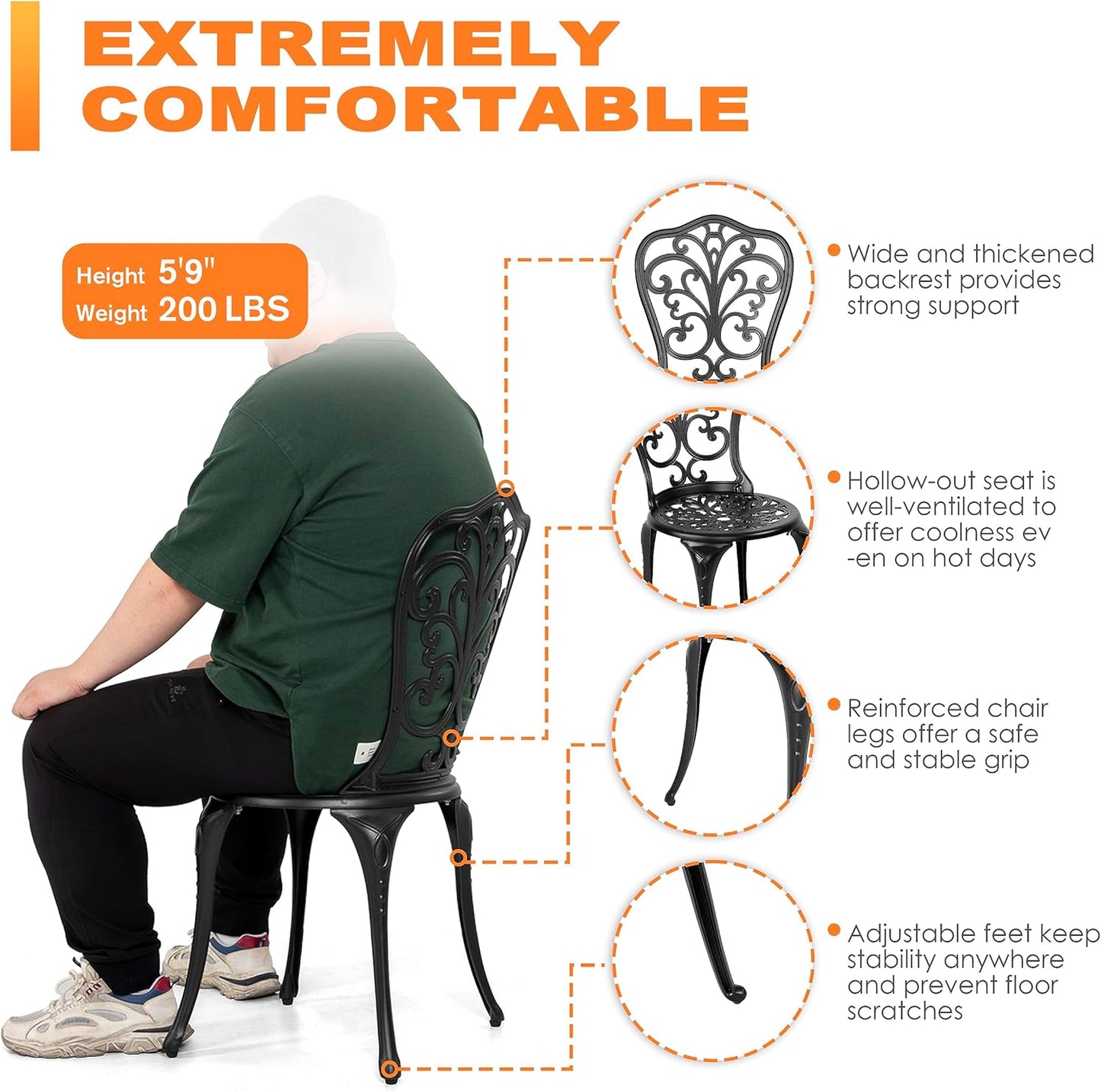 NUU GARDEN 3 Piece Outdoor Bistro Table Set, All Weather Cast Aluminum Patio Bistro Sets Patio Table and Chairs Set of 2 with Umbrella Hole for Yard, Garden, Balcony, Black