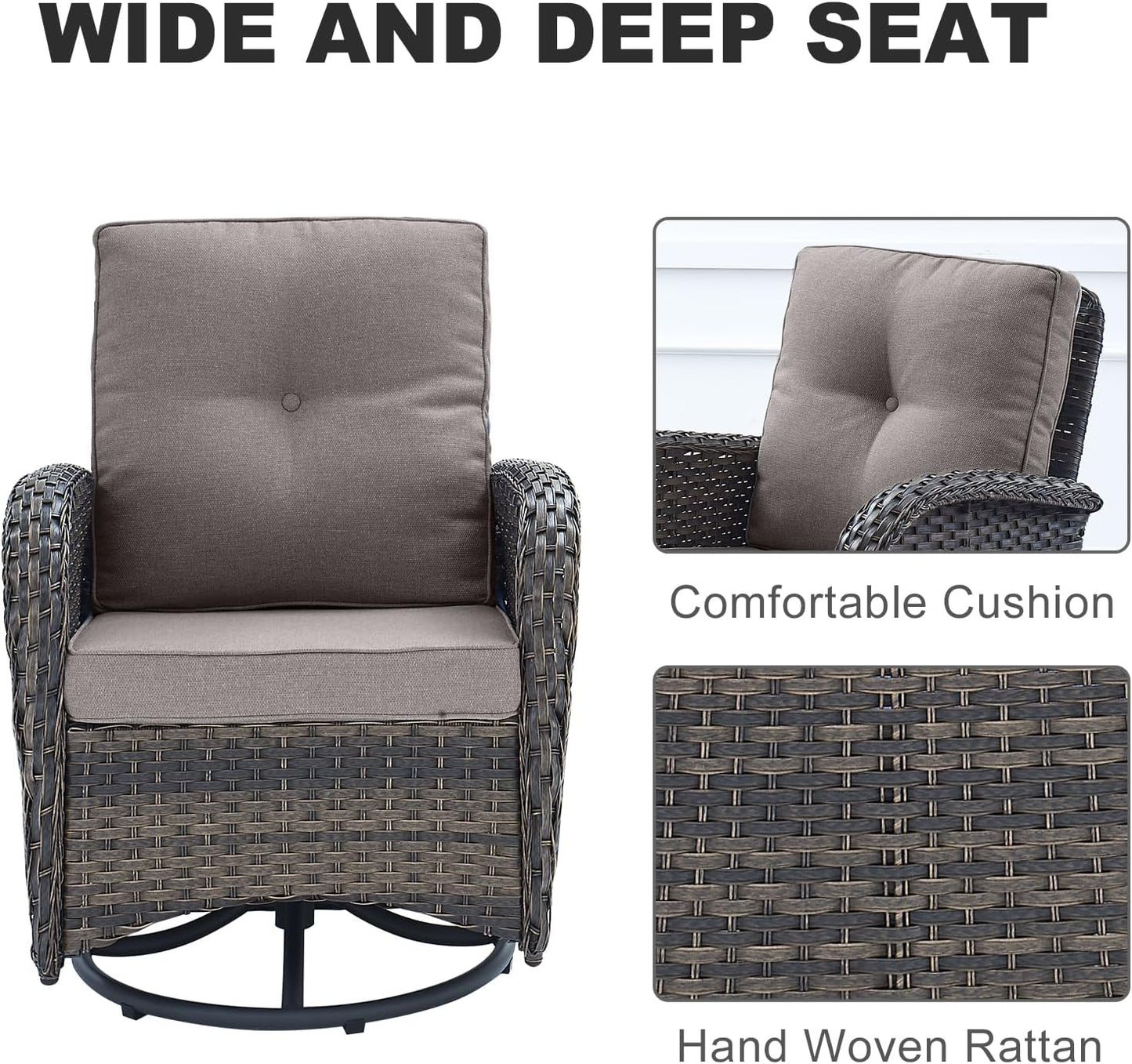 HUMMUH 7 Piece Patio Furniture Set with Fire Pit Table,Wicker Patio Swivel Rocker Outdoor Chairs 3-Seat Sofa for Porch,Poolside,Deck