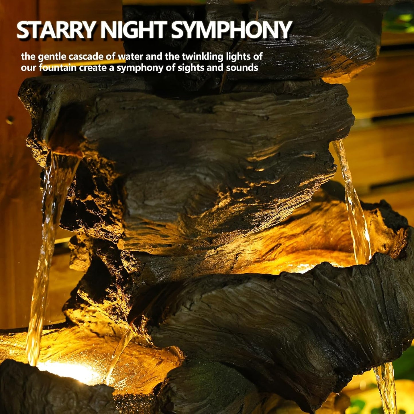 40.5" H Outdoor Garden Water Fountain 5 Tiers Large Cascading Rock Natural Waterfall Outdoor Fountain Resin Imitation Wood with LED Lights for Garden, Patio, Porch