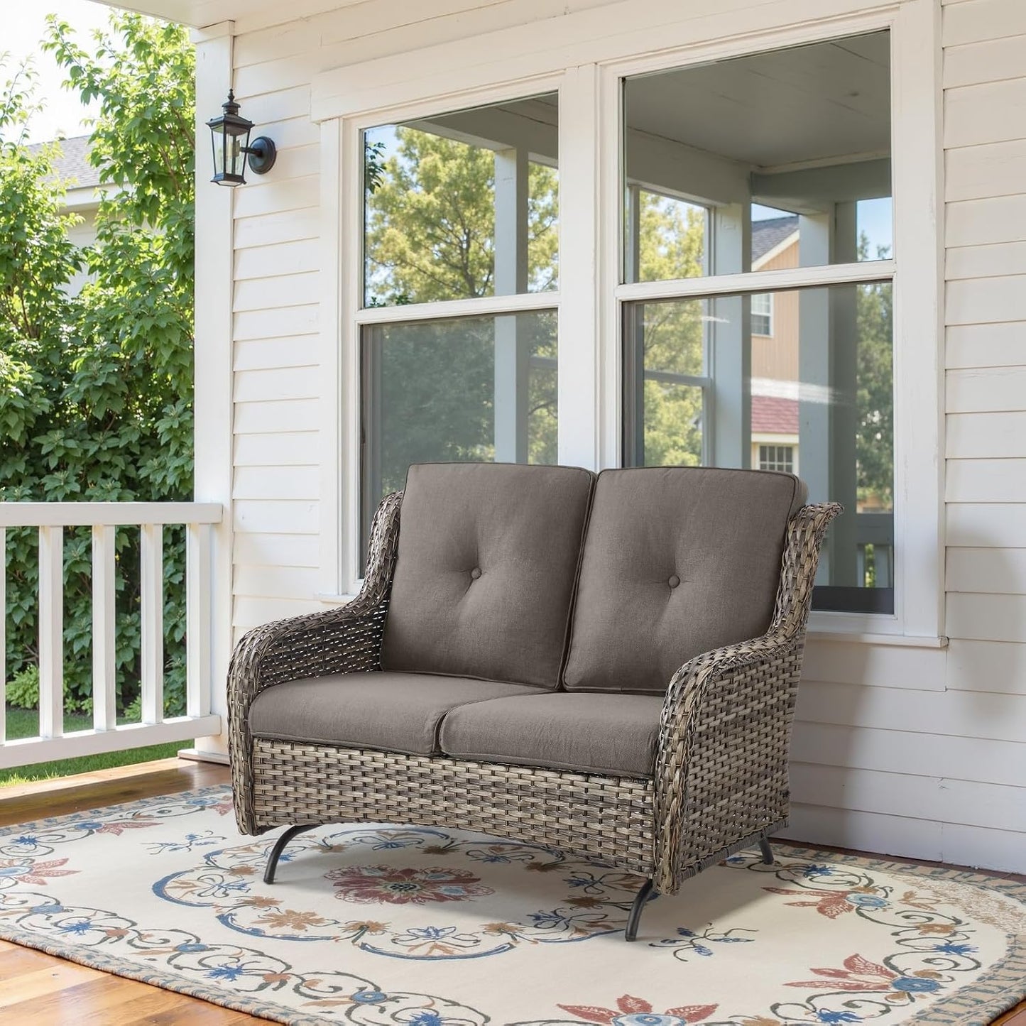 Spacious Outdoor Glider Bench - 500 LBS Weight Capacity Small Loveseat, 2 Seater Patio Gliders Furniture All Weather Wicker Couch with Removable Cushion for Deck Sunroom Balcony Backyard