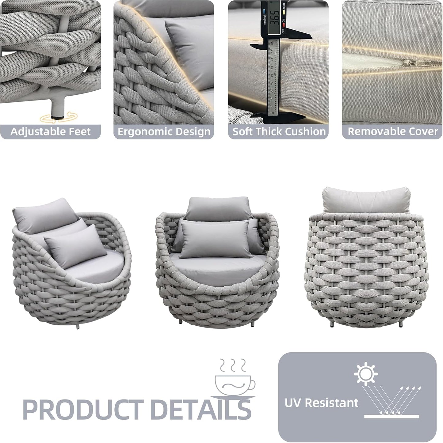 TWT 6 Pieces Patio Sofas, All-Weather Teslin Rope Balcony Furniture with Cushions & Pillows, Patio Couch Outdoor Patio Furniture Set for Indoor, Balcony, Backyard, Deck, Poolside, Grey