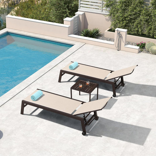 PURPLE LEAF Patio Chaise Lounge Set of 3, Outdoor Chaise Lounge with Adjustable Backrest and Wheels for Deck, Pool, Lawn, Garden, Waterproof & Easy Assembly, Cream