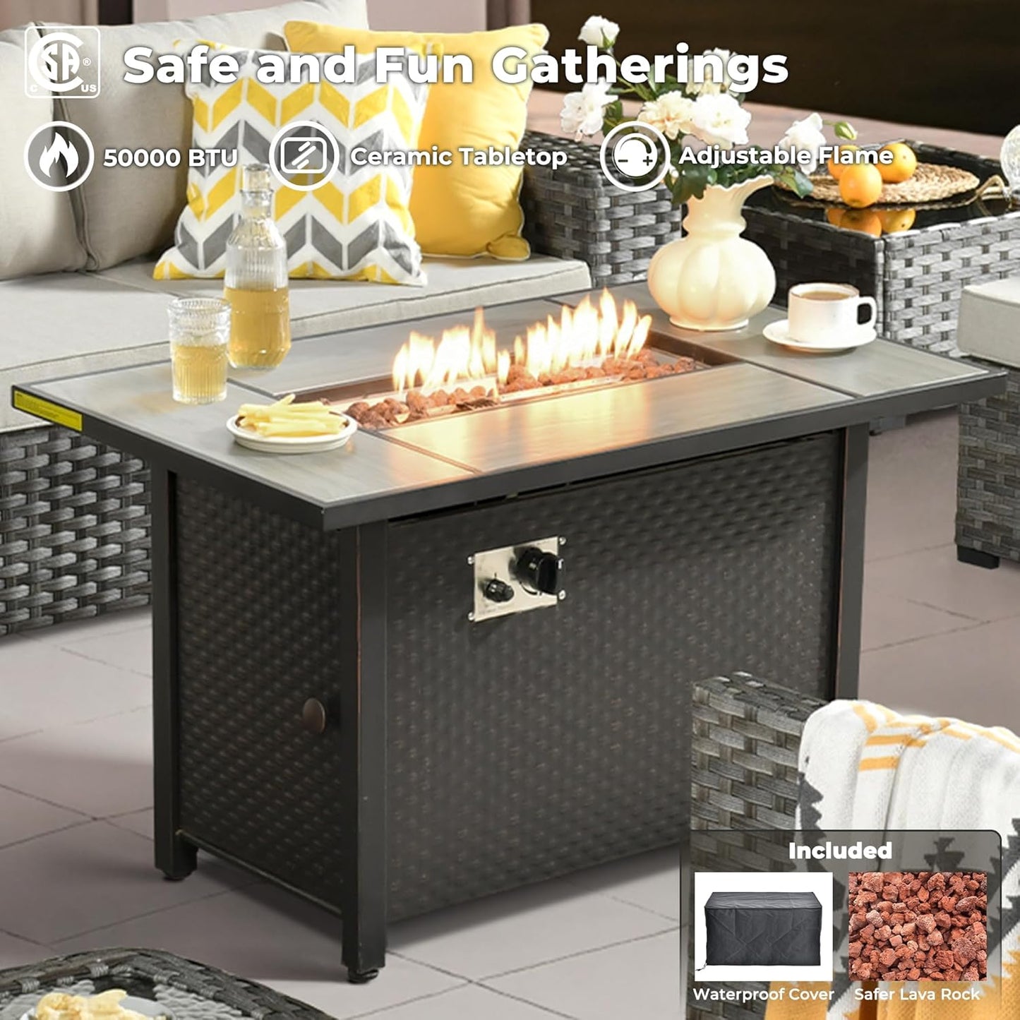 ovios 10 Pieces Patio Furniture Set, Outdoor Wicker Sectional Sofa with 42" Fire Pit Table Swivel Chairs, Modern Modular Deep Seat Rattan Couch Conversation Sets, Beige