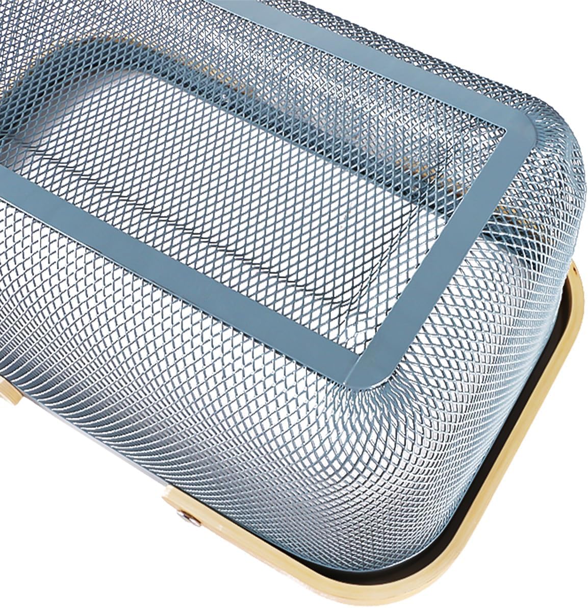 Portable Mesh Harvest Basket - Natural Bamboo Handle Foldable Organizer for Kitchen, Garden & Picnic | Ventilated Storage Bin with Rust-Proof Wire, Space-Saving Farmhouse Decor (Blue)