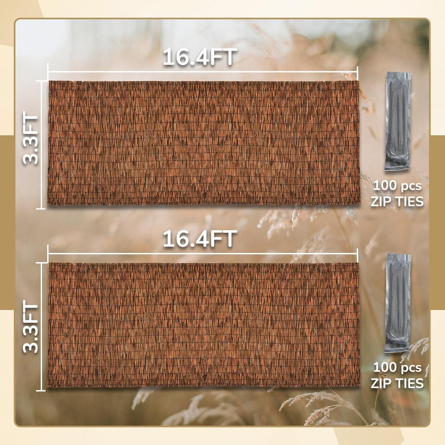 Brown 2 Pack 3.3FT X 16.4FT Reed Fencing Roll, Balcony Privacy Shade Reed Bamboo Fencing Garden Fence Border, Wind Block Sunshade Fence Screen for Outdoor Yard Patio Flower Bed Edge