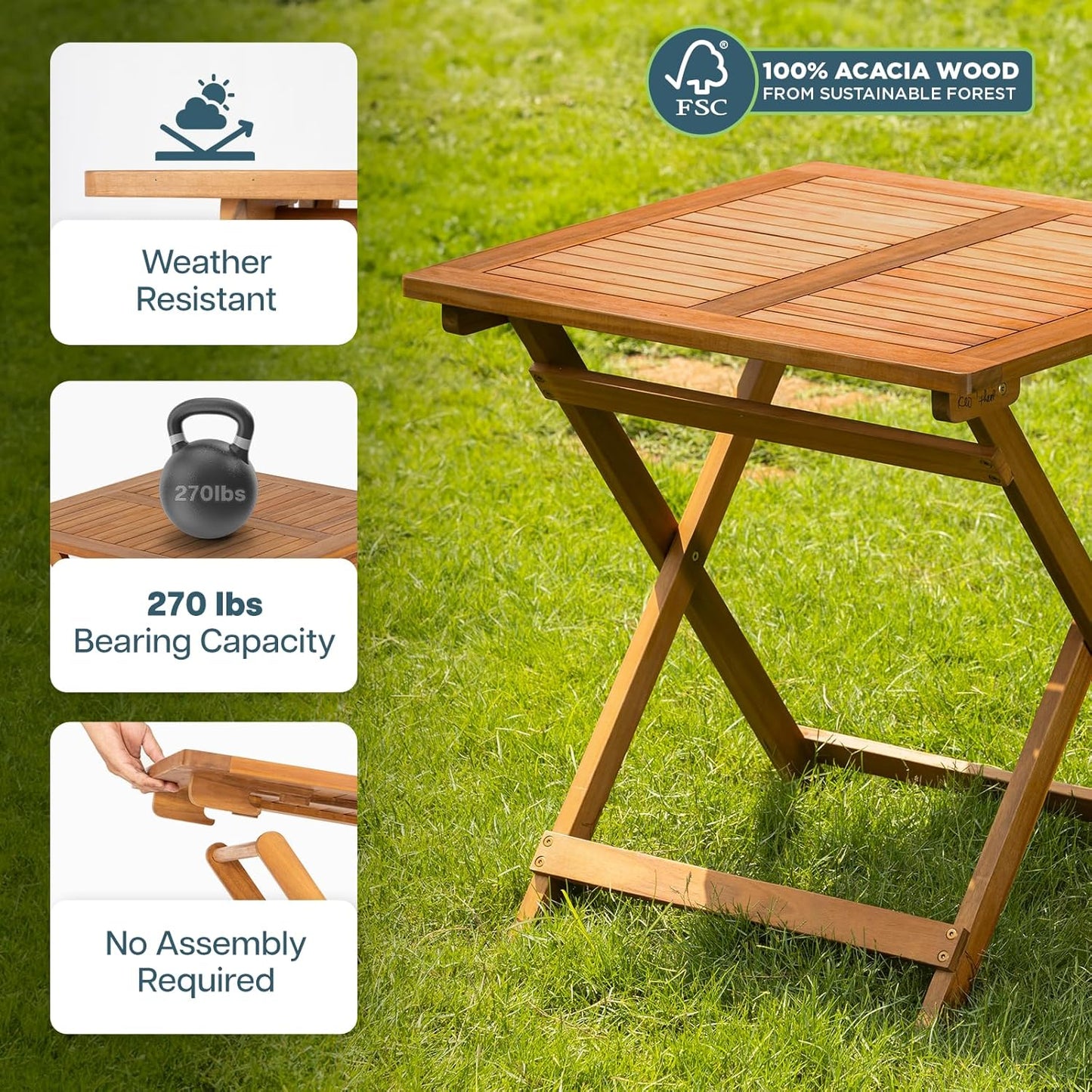 IDZO Legolas FSC Acacia Wooden Folding Table, Heavy Duty 270lbs Capacity, Elegant & Rustic Design for Garden, Backyard, Porch, Patio, Easy Assembly