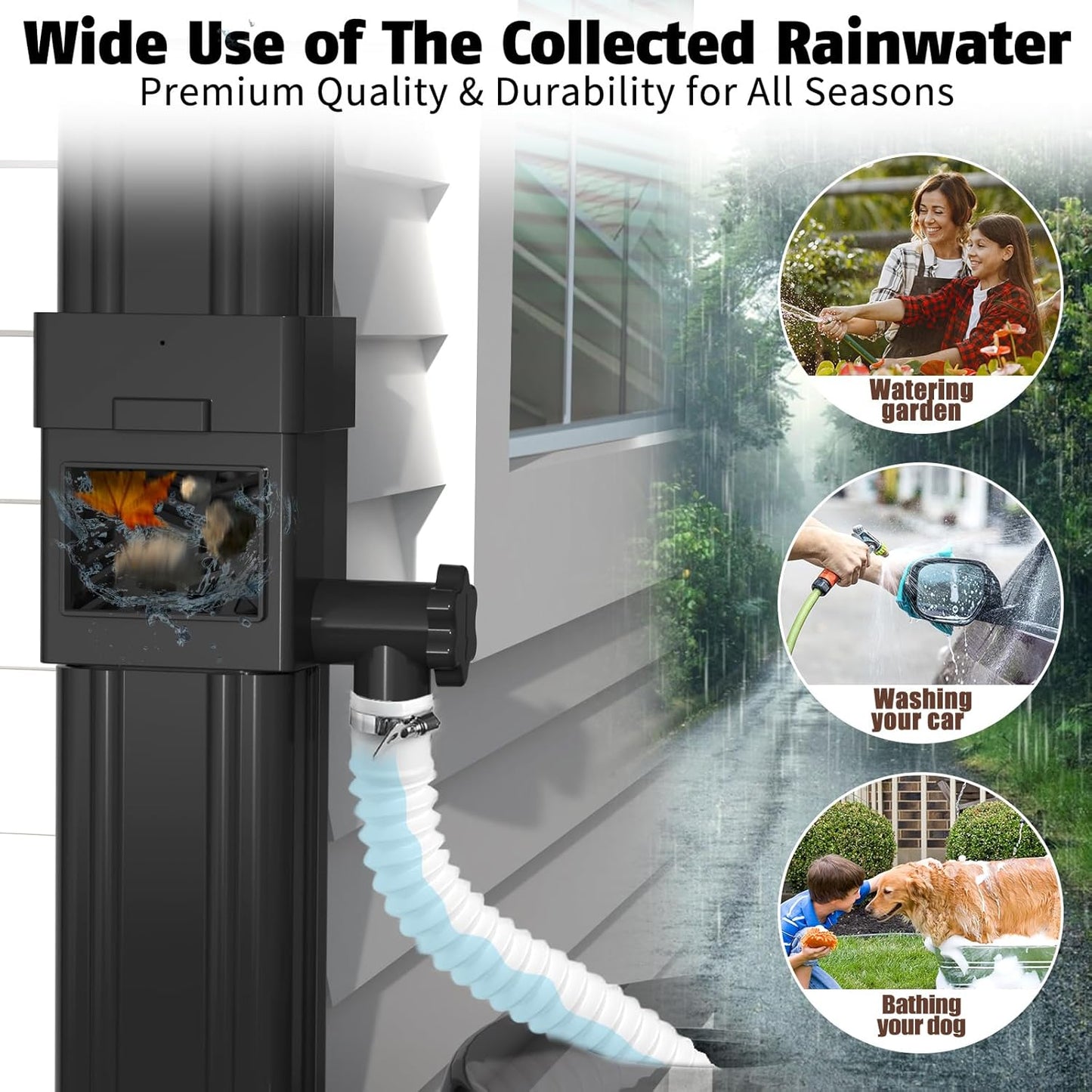 Anivia Rainwater Collection System, Downspout Diverter Fits for 2x3 or 3x4 Inch Standard Downspouts, Rain Barrel Diverter Kit with Adjustable Valve and Filter. 5ft Hose - Black