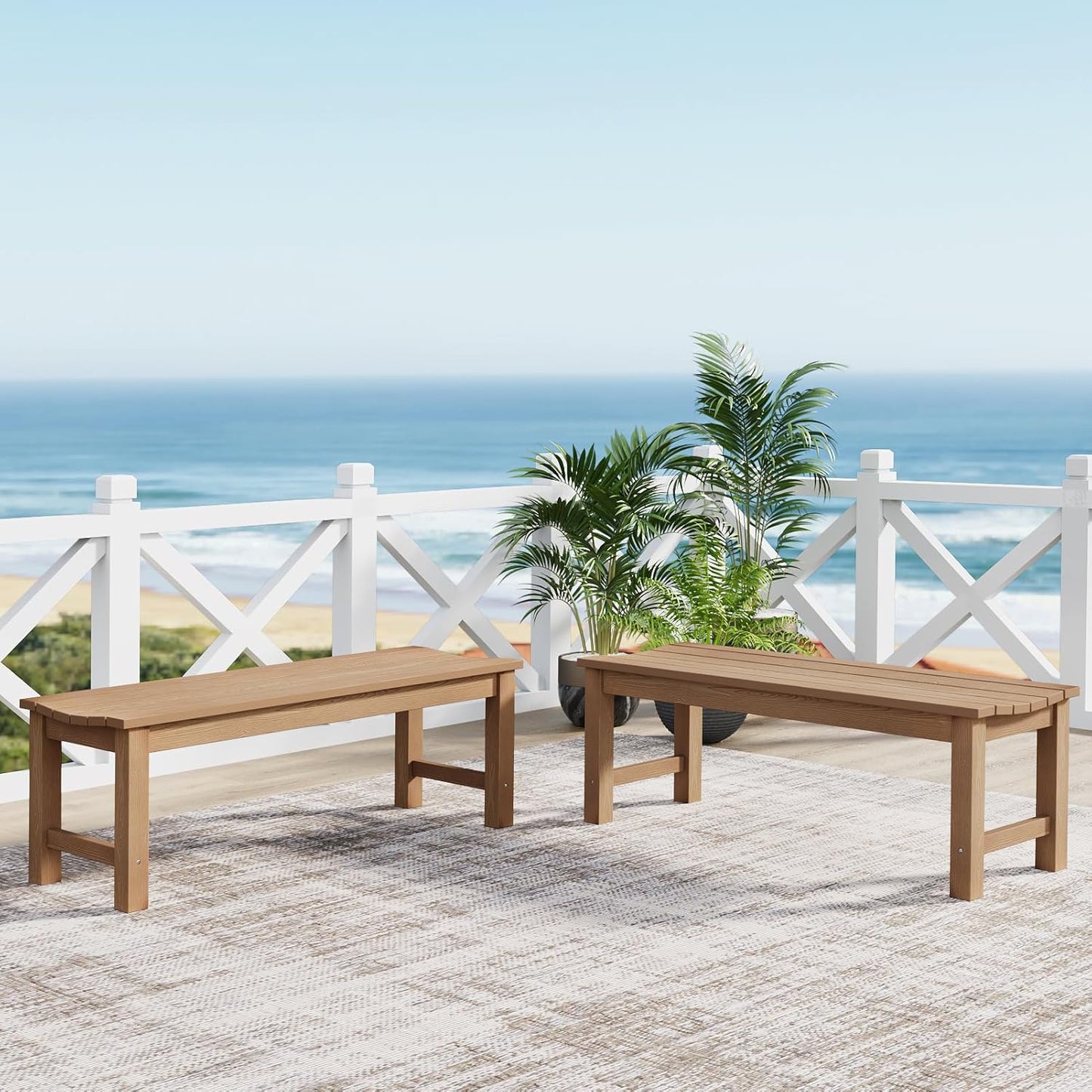 Outdoor Bench Set of 2, 2-Person Patio Backless Benches, HIPS Weatherproof Garden Bench That Never Rot and Fade, Suit for Backyard, Church, Patio, Deck and Entryway (Teak)