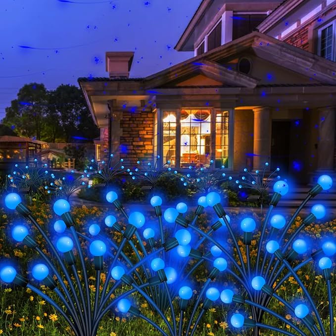 Solar Garden Lights Outdoor, 4 Pack 40 LED Solar Blue Firefly Lights Waterproof, Starburst Solar Wind Swaying Lights for Outside Yard Patio Planter Flower Bed Walkway Christmas Decoration