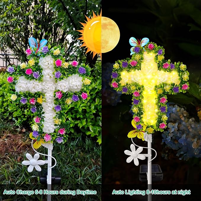 YJFWAL Solar Flowers Cross Garden Stake Lights, Yard Solar Lights Cemetery Decorations for Grave Outdoor Jesus Cross Sympathy Memorial Gifts for Grandmother, Garden Yard Lawn Patio Pathway