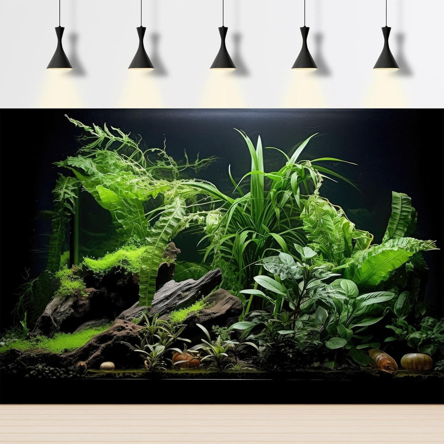 Aquarium Background Freshwater Green Plants Terrarium Background Aquatic Underwater Sea Grass Tank Background Wood Root Rock with Moss Jungle Style Fish Tank Background Poster Wallpaper 24x16in