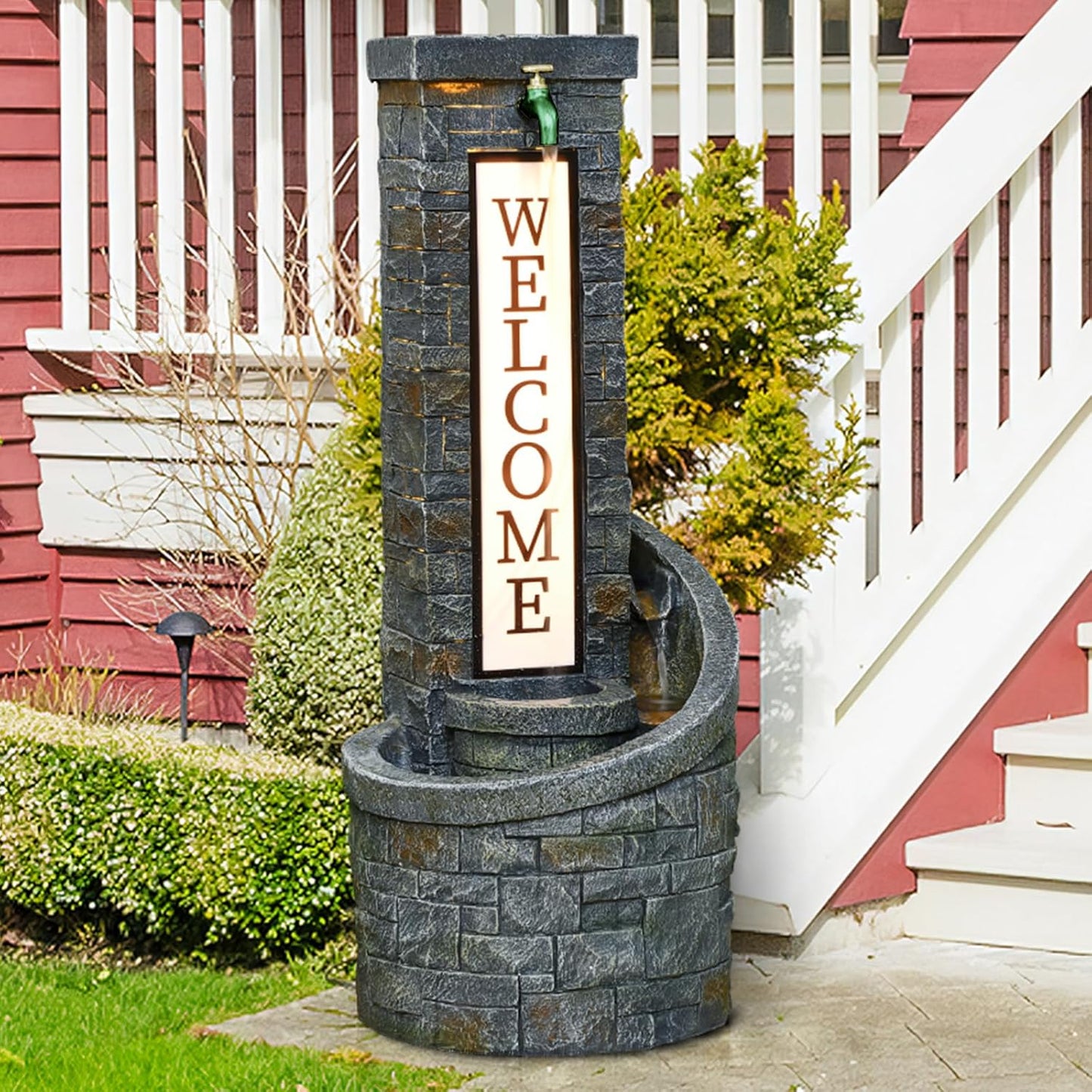 35.43 Inches Outdoor Water Fountain Welcome Garden Waterfall Indoor Modern Water Feature Freestanding Fountains with LED Lights and Pump for Patio Yard Pool Home Decor