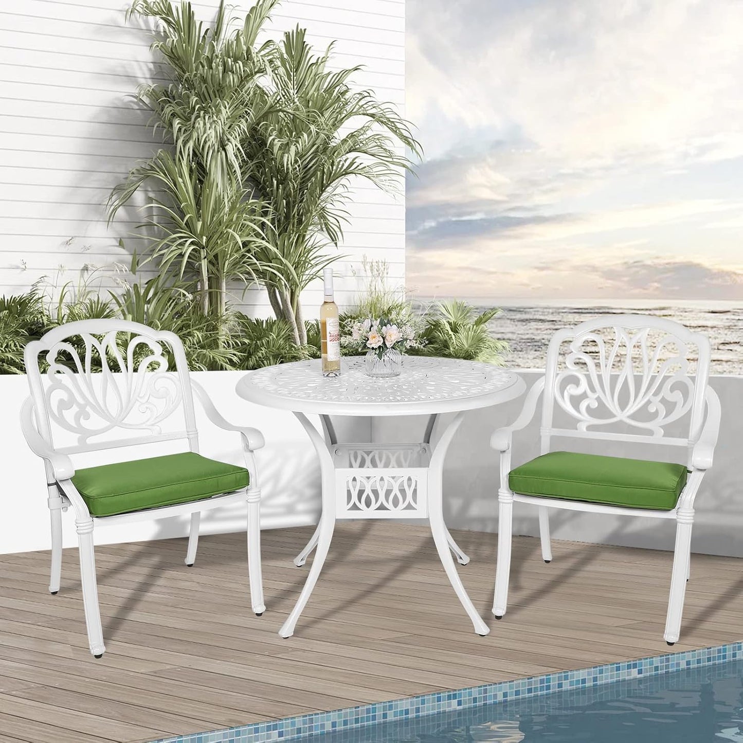 3-Piece Outdoor Patio Dining Set, All-Weather Cast Aluminum Patio Furniture Set for Backyard Garden Deck with 2 Cushioned Chairs and 35.4” Round Table, 2" Umbrella Hole, White