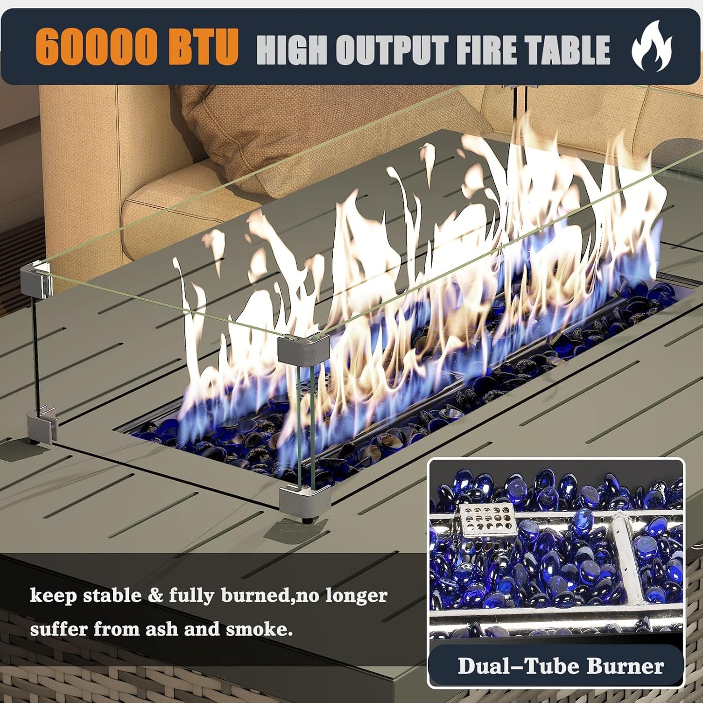 44 Inch Propane Gas Fire Pits Table for Outside Patio, 60000 BTU Rectangular Outdoor Wicker Rattan Fire Pit with Glass Wind Guard