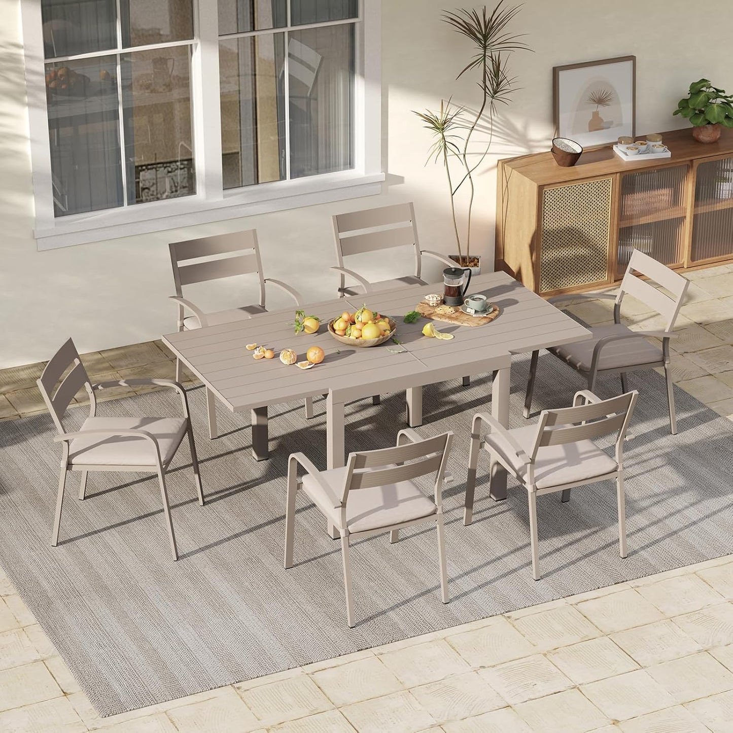 Soleil Jardin Aluminum Patio Extendable Dining Table, 35" - 71", Adjustable Indoor Outdoor Furniture Rectangle Table for 4-6 Person Porch Deck Garden, Flaxen